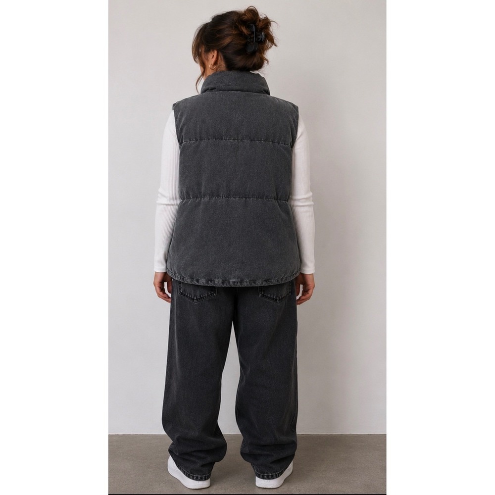 Angel Kiss Los Angeles Womens XL Gray Acid Wash Denim Puffer Vest Full Zip Y2K - Picture 2 of 9